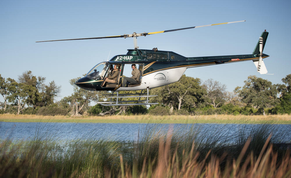 At first light guests are taken on a 10 minute helicopter flight to see the Delta and wildlife from above...